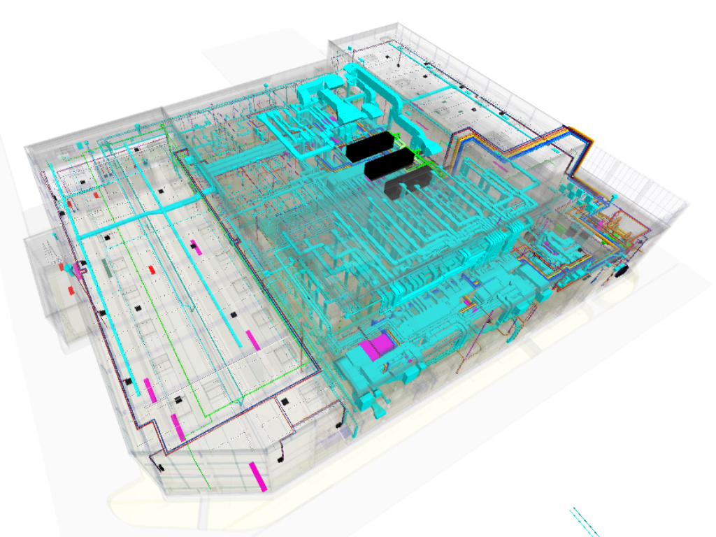 Projekt pełnobranżowy sanitarny w BIM dla rozbudowy zakładu produkcyjnego. Powierzchnia budynku 16 000m2.